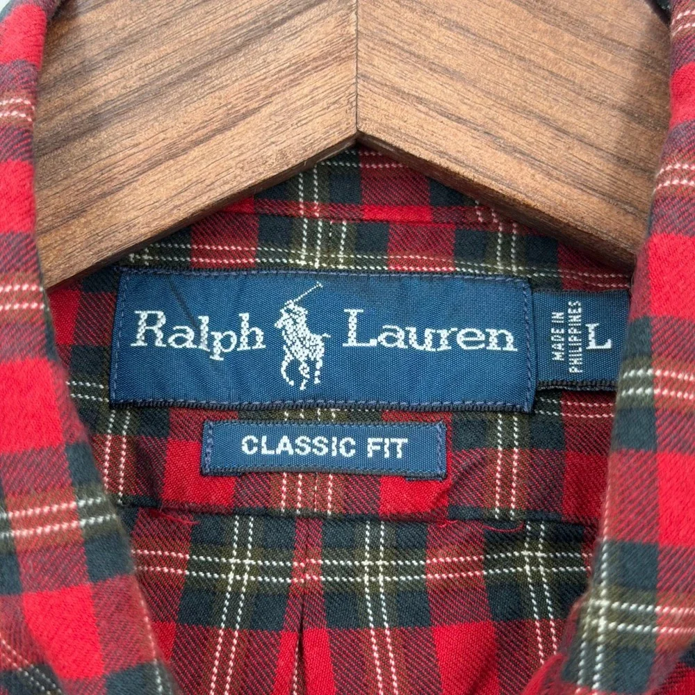 Polo Ralph Lauren Mens Large Classic Fit Red Black Plaid Flannel Shirt L